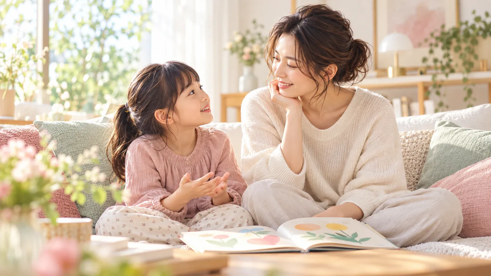 絵本を広げて、笑顔で話す母と娘
