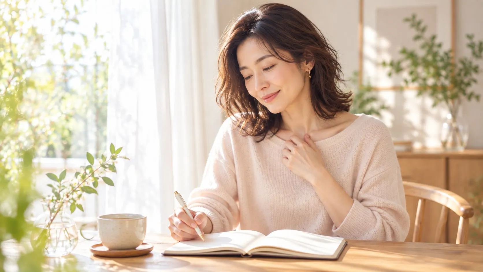 ノートを開き、胸に手を当てて自分と向き合う女性