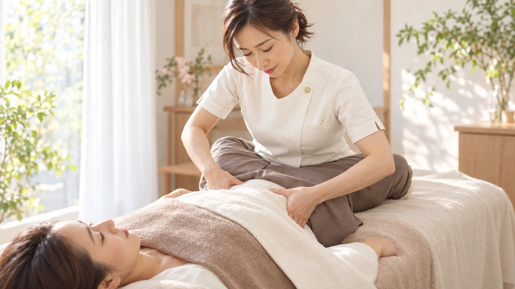 セラピストが女性のお腹まわりに手を添えて施術する様子
