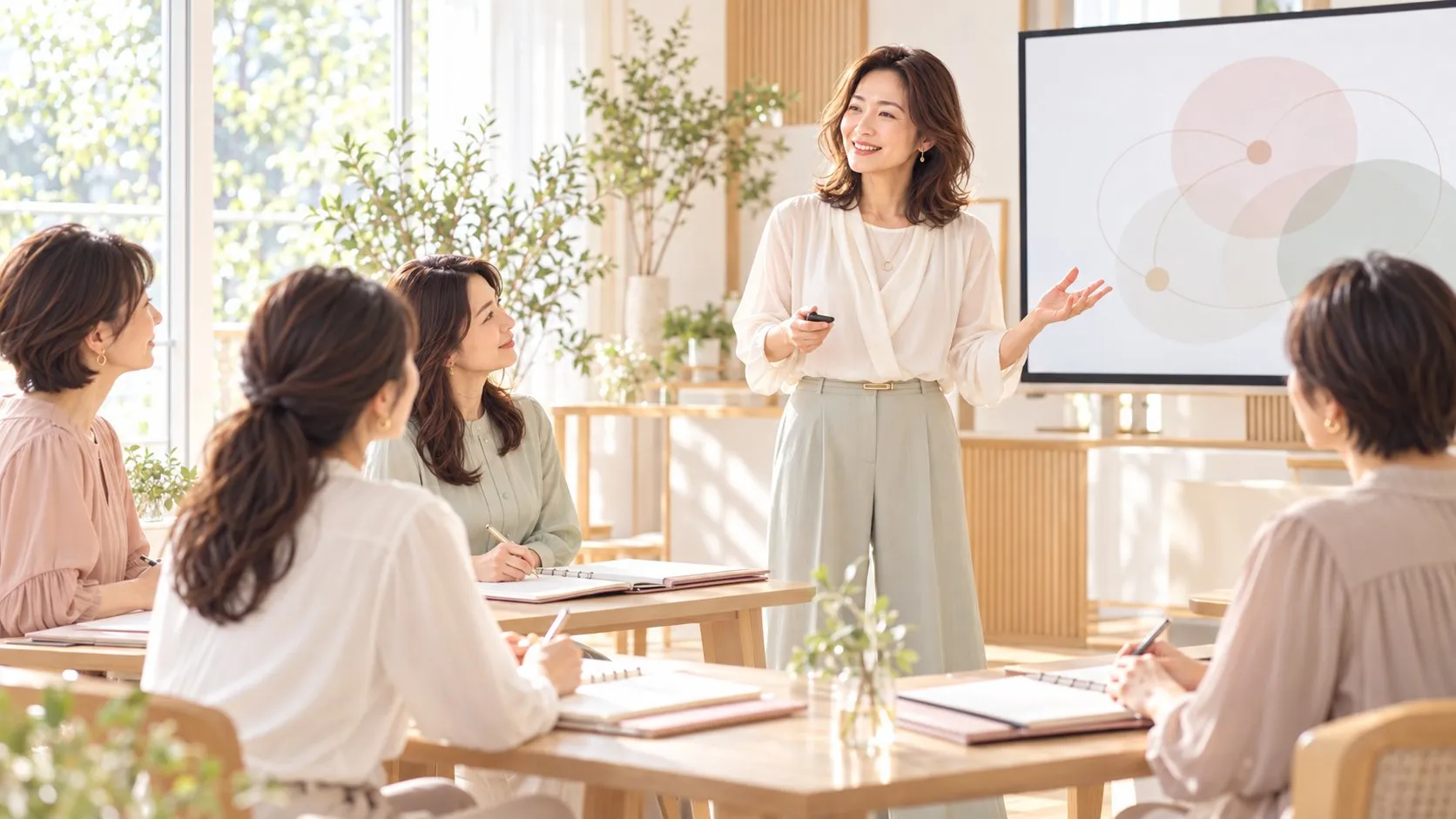 講師として女性たちの前で笑顔で講座を行う女性